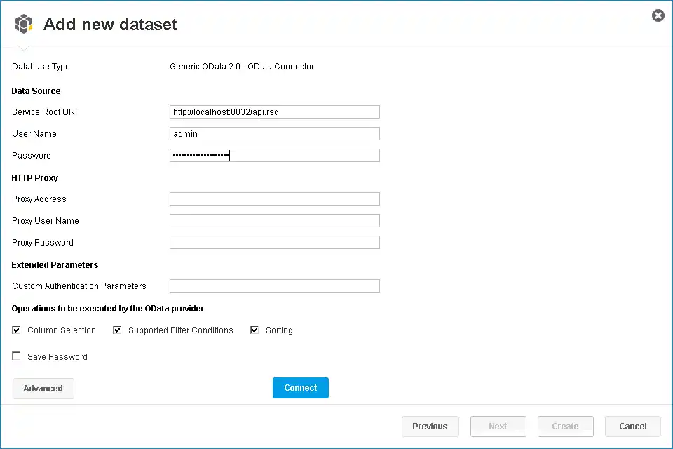 The OData endpoint and HTTP Basic authentication configured for an API user.