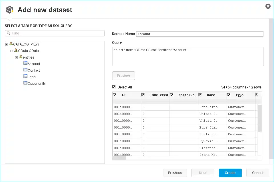 Available entities for import.(Salesforce is shown.)