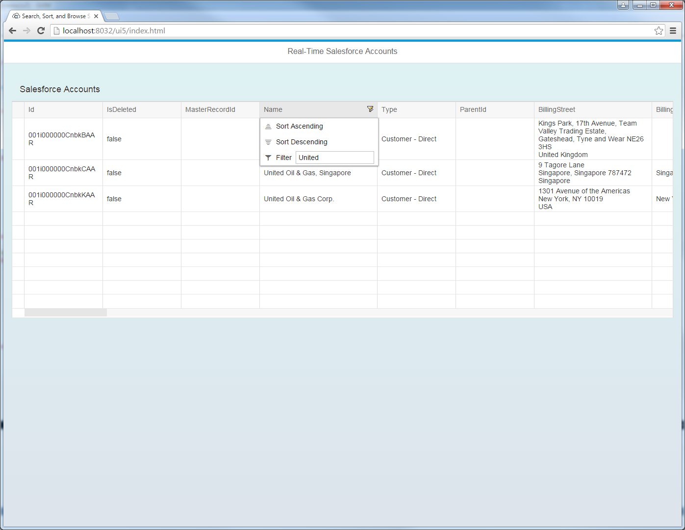 A table in SAPUI5 that reflects changes to the data in real time.(Salesforce is shown.)