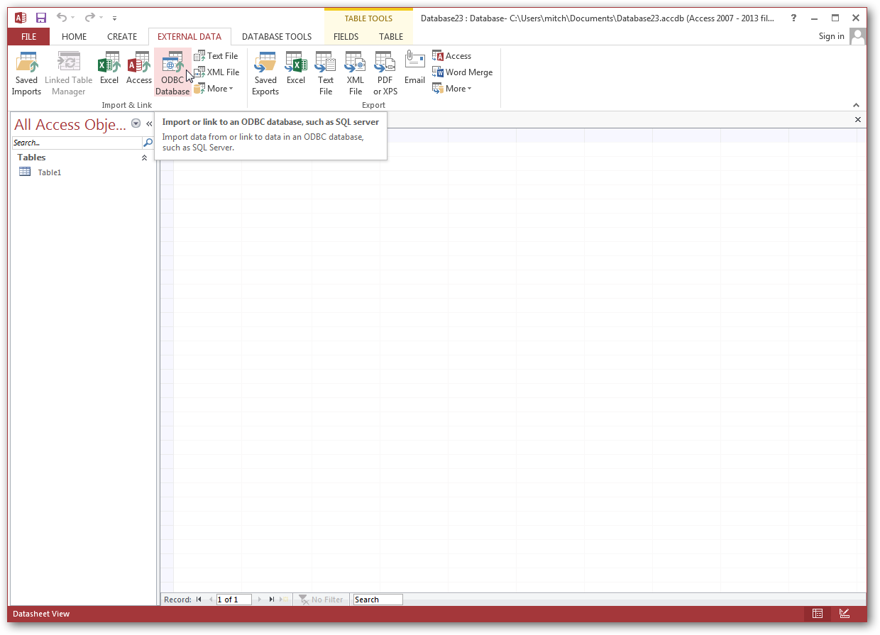 ODBC データベースの接続画面を表示