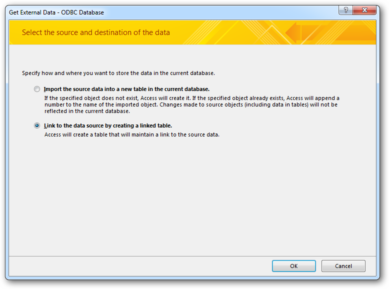 ODBC 接続ウィザードでリンクテーブルを選択