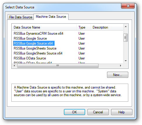 コンピュータデータソースタブで、設定したデータソースを選択