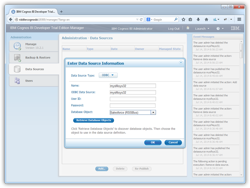 データソースの追加に使用する DSN（Salesforce の例）