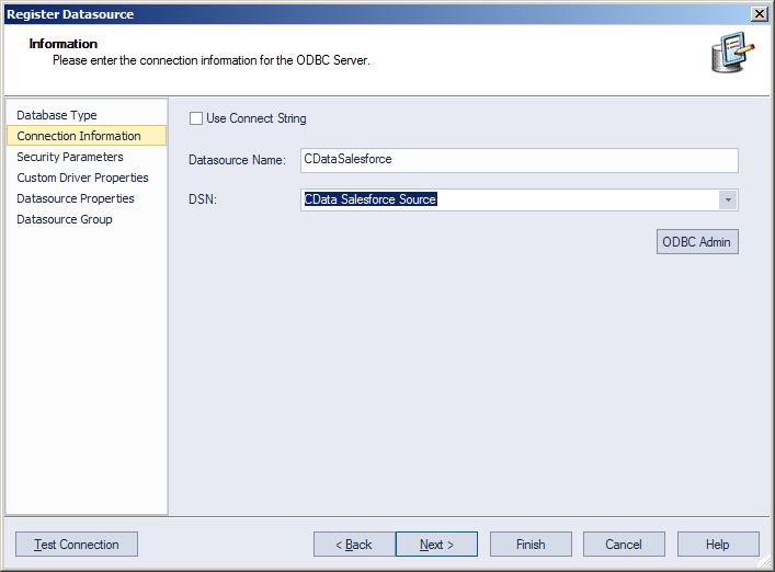 The DSN of the data source to be registered. (Salesforce is shown.)