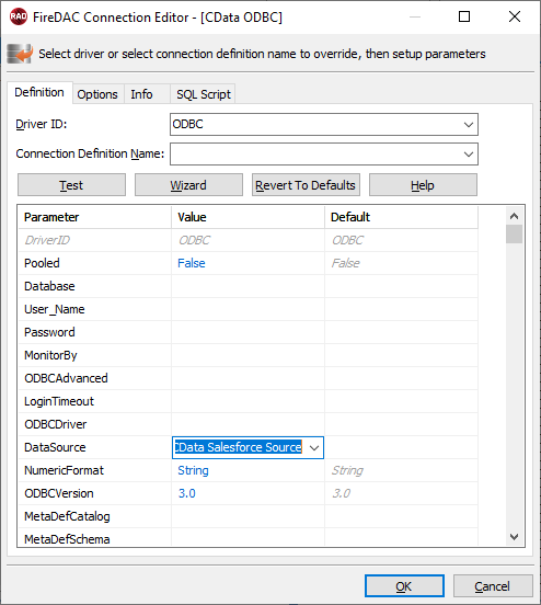 A FireDAC connection to the ODBC data source.(Salesforce is shown.)