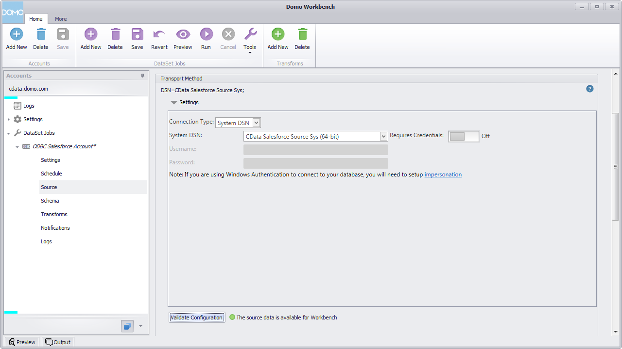 Configuring the Source Settings.