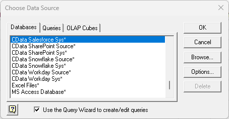 The list of available ODBC DSNs in the Choose Data Source dialog.