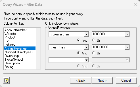 The Filter Data step of the Query Wizard. (Salesforce is shown.)