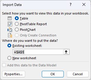 The Import Data dialog.