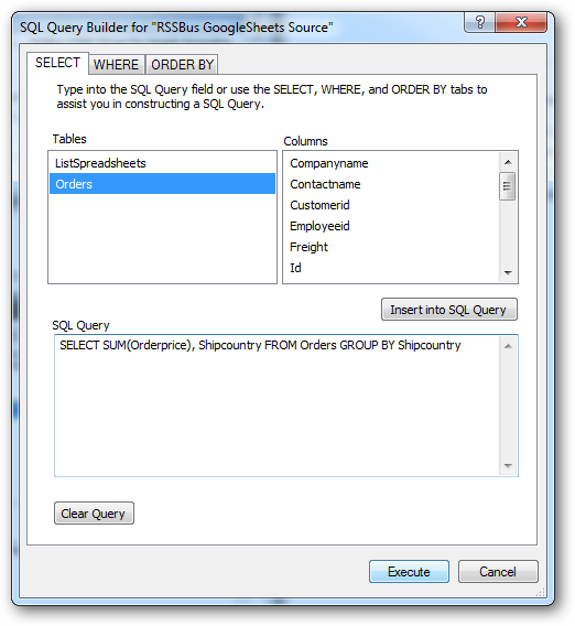 The import query defined in the SQL Query Builder. (Google Spreadsheets is shown.)
