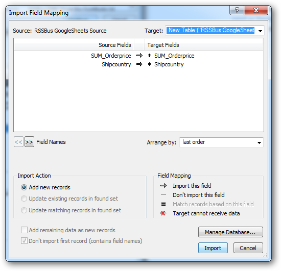 Mappings for a new table. (Google Spreadsheets is shown.)