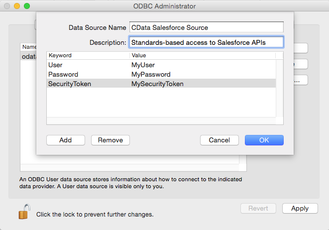 The iODBC ODBC Administrator (Salesforce is shown.)