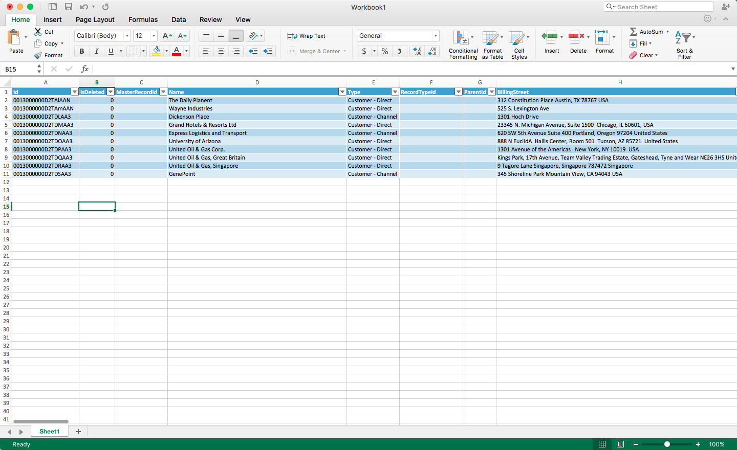 Data in Excel (Salesforce is shown.)
