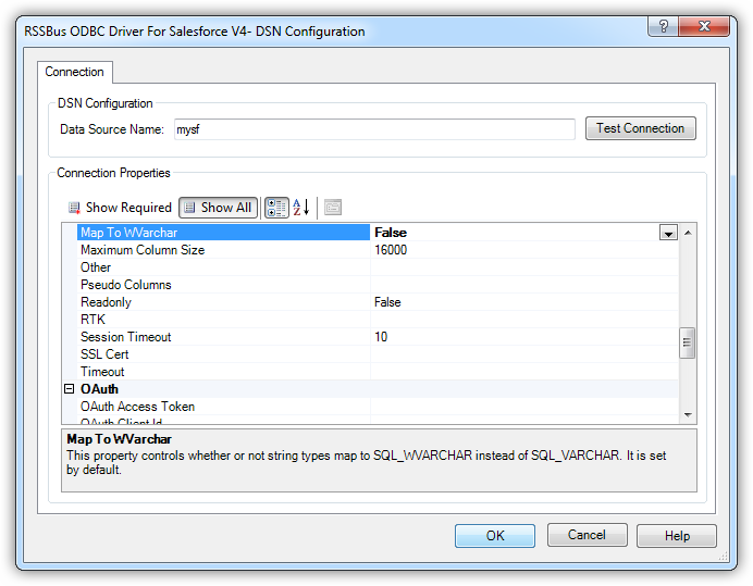 The DSN configuration window. (Salesforce is shown.)