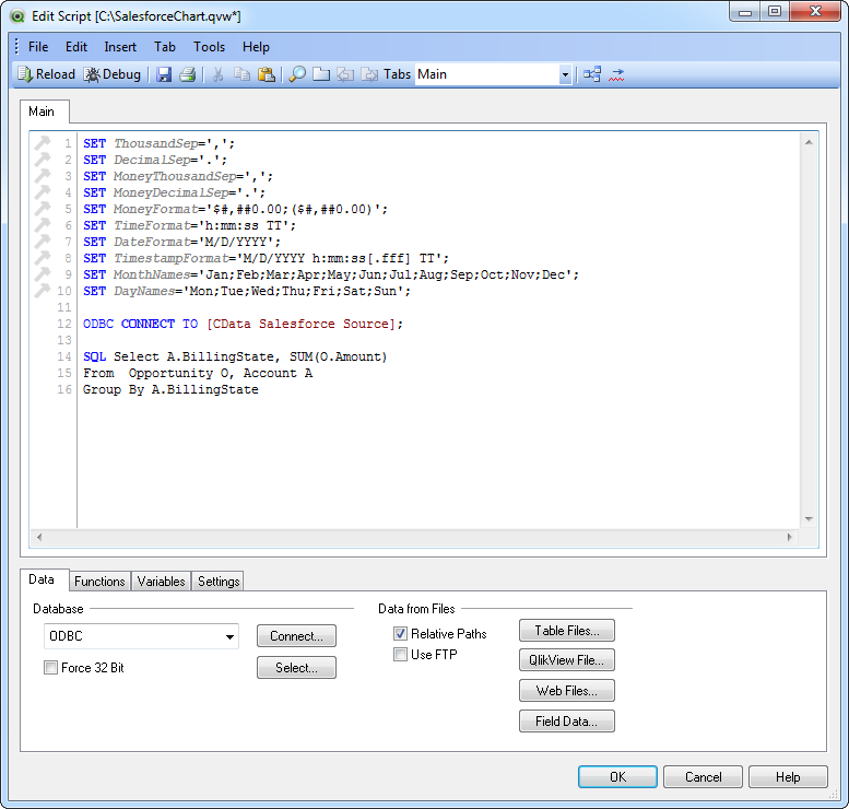 A script that connects and executes an SQL query. (Salesforce is shown.)