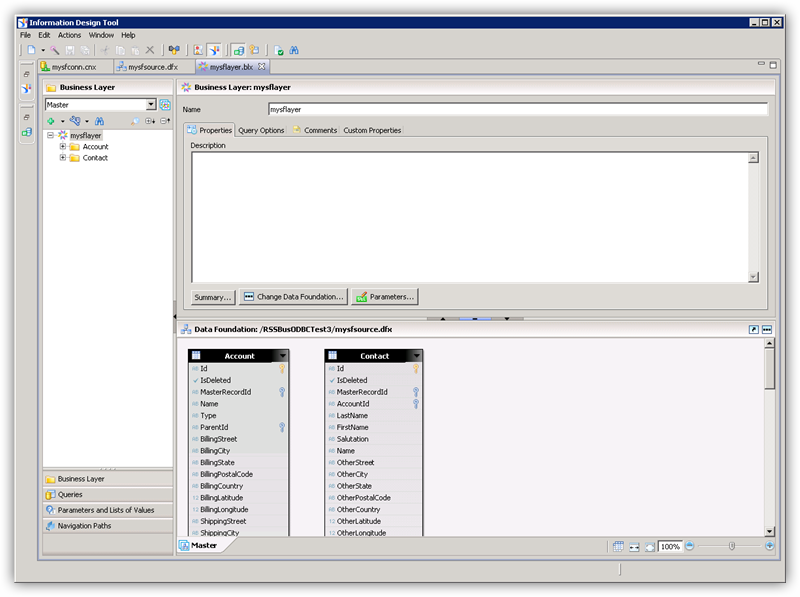 ODBC データソースで作成されたBusinessObjects universe (Salesforce is shown.)