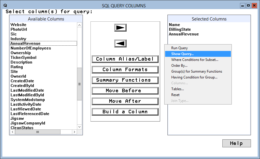 Selecting columns(s) to visualize and configuring the query.