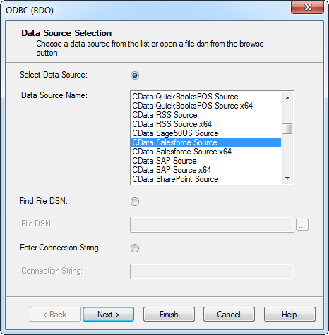 The SQL Server DSN selected in the Report Wizard. (Salesforce is shown.)