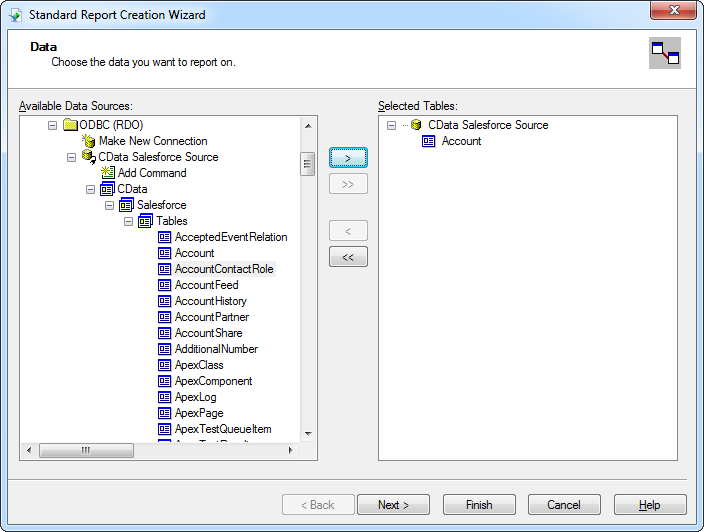 SQL Server tables in the Report Wizard. (Salesforce is shown.)