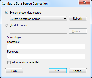 The DSN to connect to in the Add Data Tables wizard. (Salesforce is shown.)