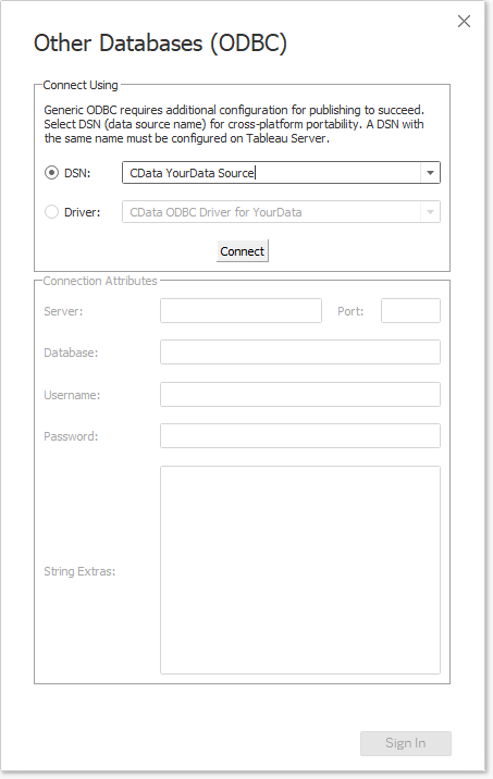 Tableau からDSN への接続 (Salesforce is shown.)