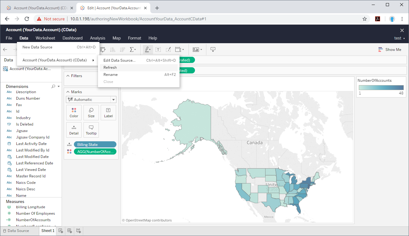 Tableau Desktop からオンデマンドで更新データを取得。 (Salesforce is shown.)