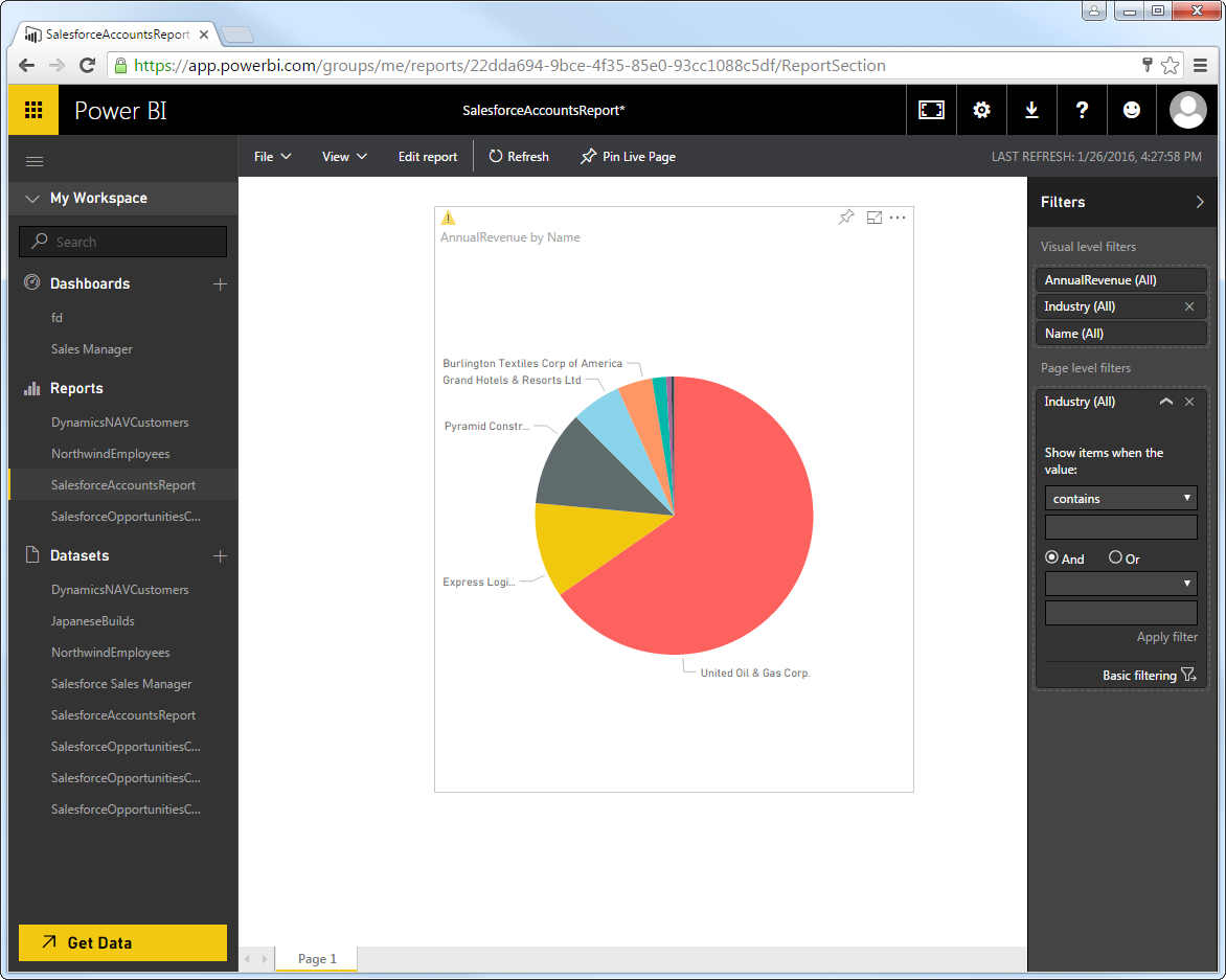 The uploaded Power BI report. (Salesforce is shown.)