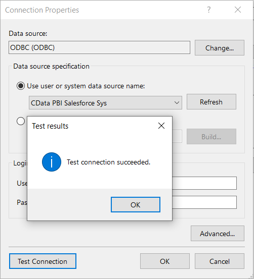 ODBC 接続をテスト。