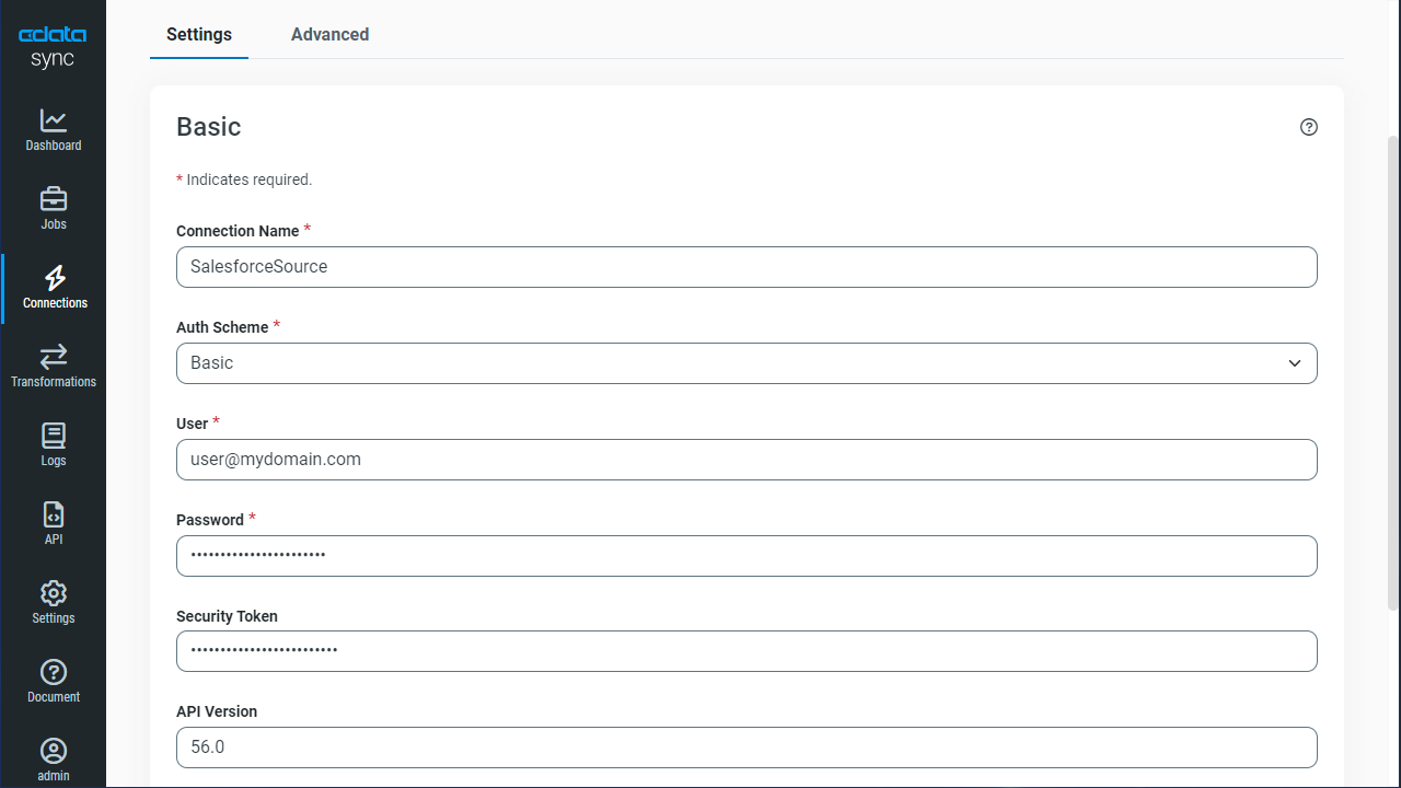 データソースの接続設定 (Salesforce is shown)。