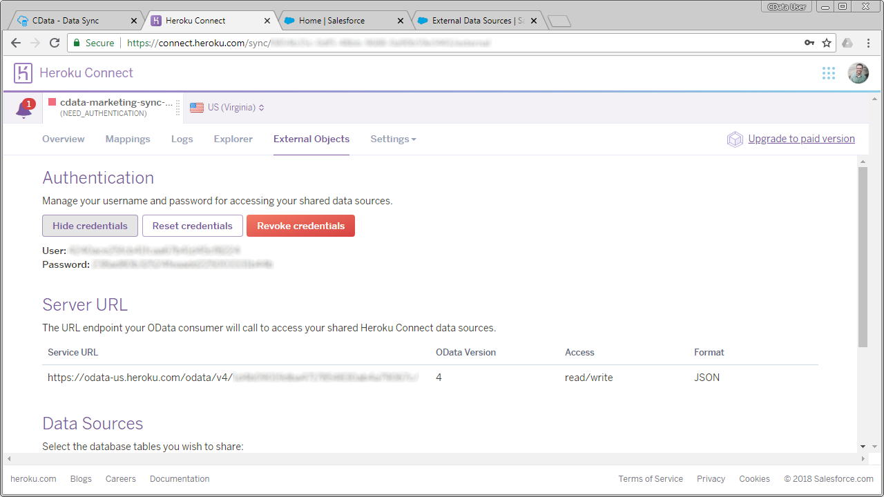 Heroku Connect でのOData サービスの設定。