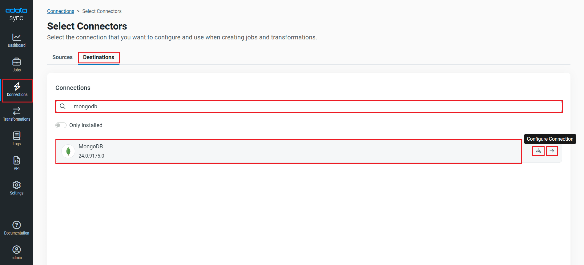 MongoDB をDestination に選択