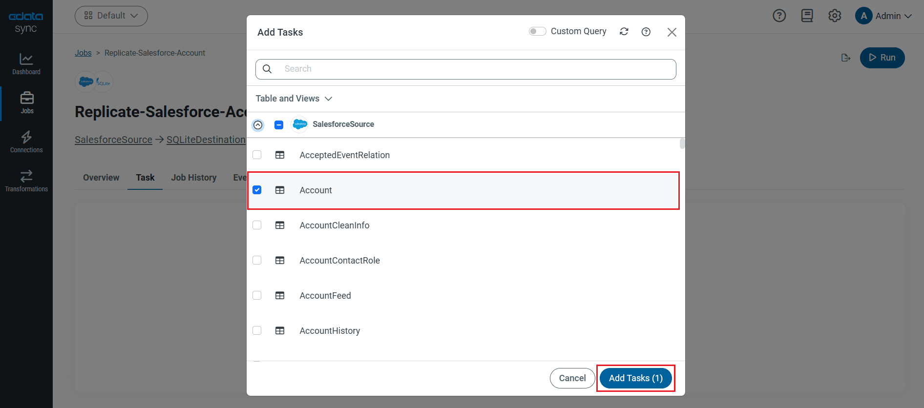レプリケーションジョブのソースおよび同期先を選択。
