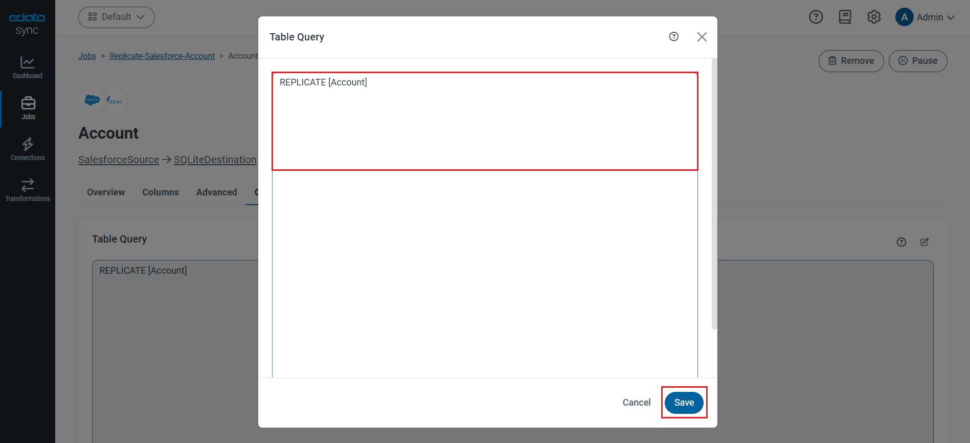 レプリケーションするテーブルの選択(画像はSalesforce の例)。