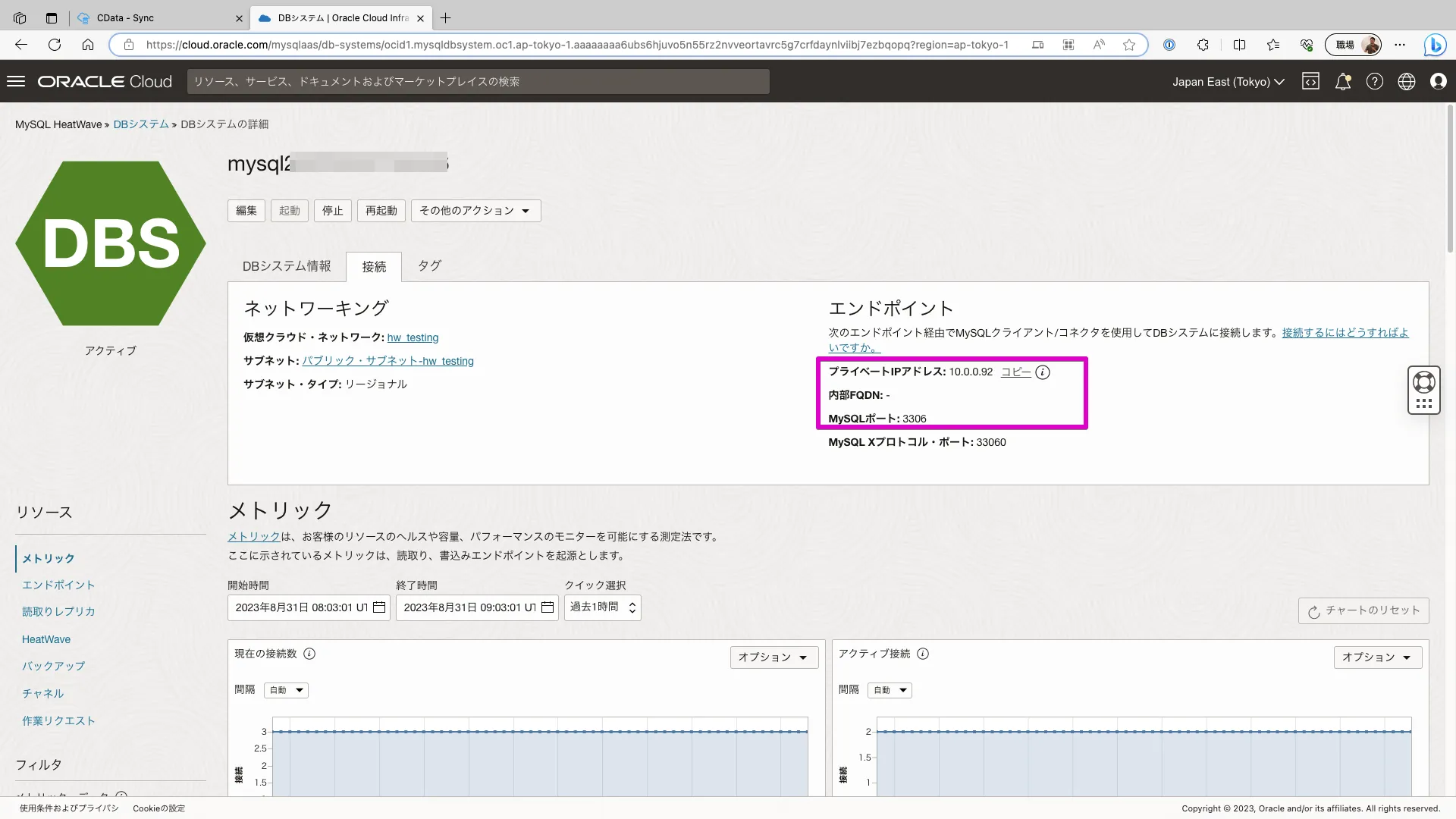 HeatWave のプライベートIP アドレスとポート。