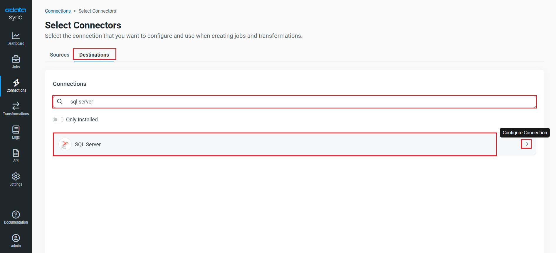 SQL Server をDestination に選択